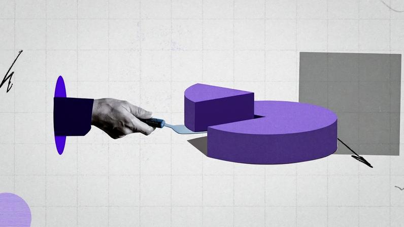 Ilustração de uma mão com uma pá de bolo tirando um pedaço de um bolo roxo
