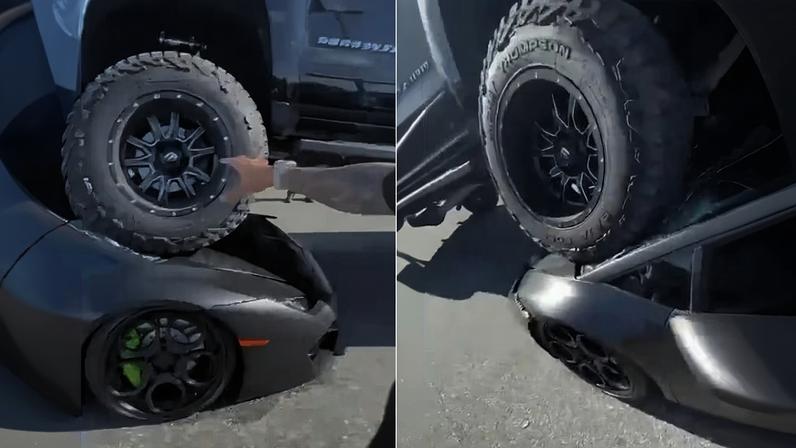 Lamborghini foi atropelada por Silverado gigantesca em estacionamento nos Estados Unidos
