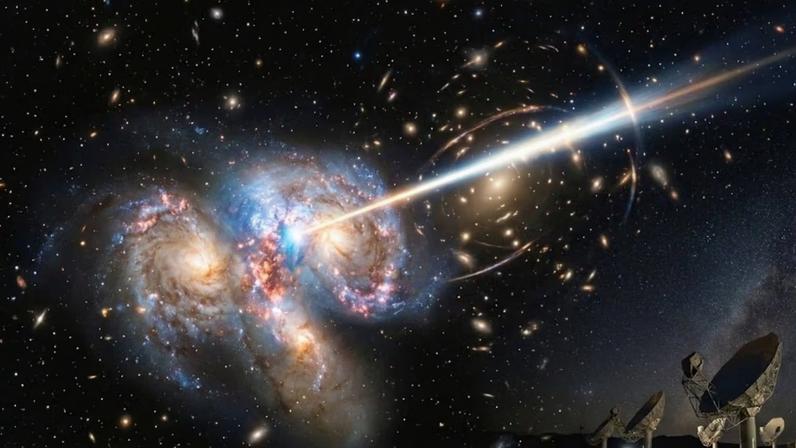 Sinal cósmico viajou bilhões de anos e revelou fusão de galáxias distantes (Imagem: Fala Ciência via Gemini)