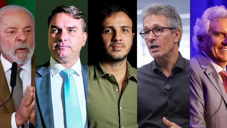 Lula, Flávio Bolsonaro, Renan Santos, Romeu Zema e Ronaldo Caiado, pré-candidatos à Presidência da República