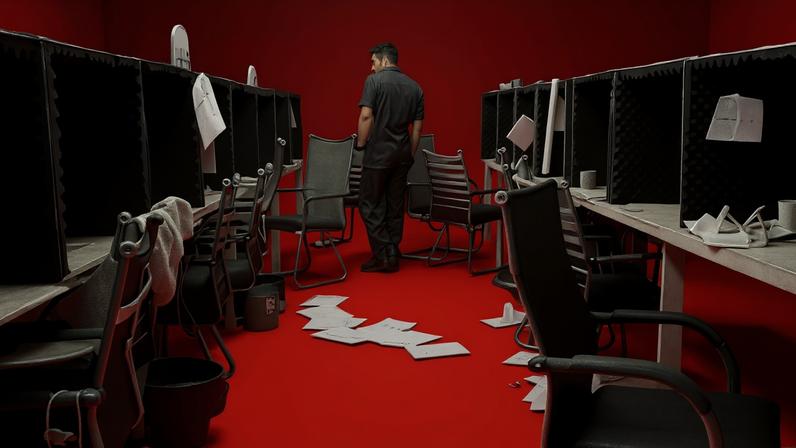 A Royal Thai Army officer looks at work booths inside an abandoned scam centre in O'Smach town on the ThaiCambodian...