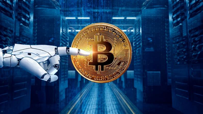 Moeda de Bitcoin no centro de dados IA