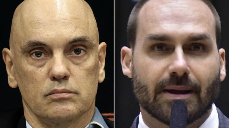 Na imagem, o ministro Alexandre de Moraes (esq), do Supremo Tribunal Federal, e o ex-deputado Eduardo Bolsonaro (dir)