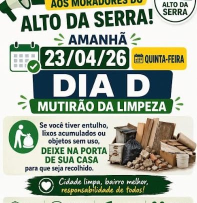 Mutirão de limpeza começa nesta quinta no Alto da Serra, Monteiro