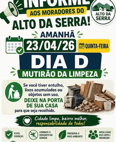 Mutirão de limpeza começa nesta quinta no Alto da Serra, Monteiro