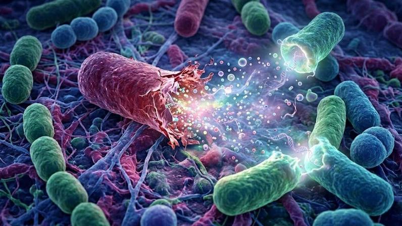 Bactérias liberam DNA e espalham resistência. (Foto: Fala Ciência via Gemini)