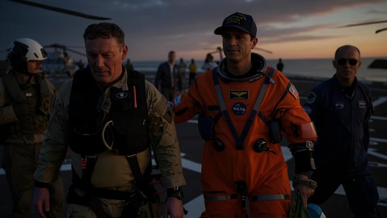 O astronauta Reid Wiseman, comandante da Artemis II, é auxiliado a sair do convés de voo após chegar a bordo do USS John P. Murtha