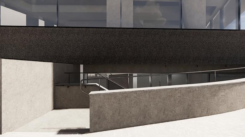 View of the lower portion of a building's exterior.