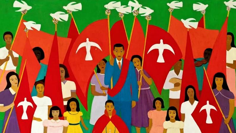 Em exposição no Museu Vassouras, tela de Djanira (1914-1979), Folia dos Divinos, 1960, óleo sobre madeira