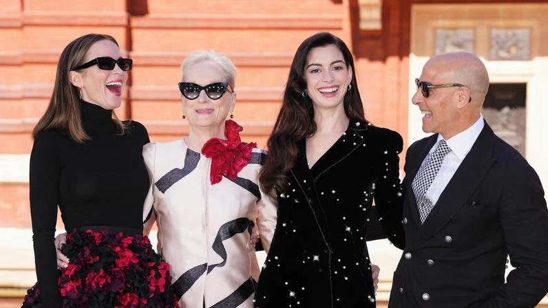 Emily Blunt, à esquerda, Meryl Streep, Anne Hathaway e Stanley Tucci em Lodres, durante divulgação de 'O Diabo Veste Prada 2'