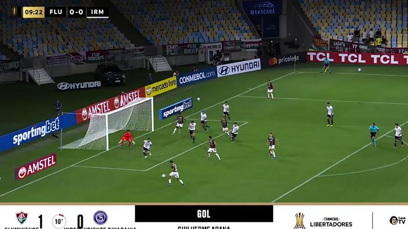 Guilherme Arana recebe livre e faz o gol único do Fluminense no Maracanã