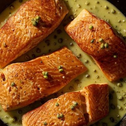 Salmão selado na frigideira com molho de limão e manteiga