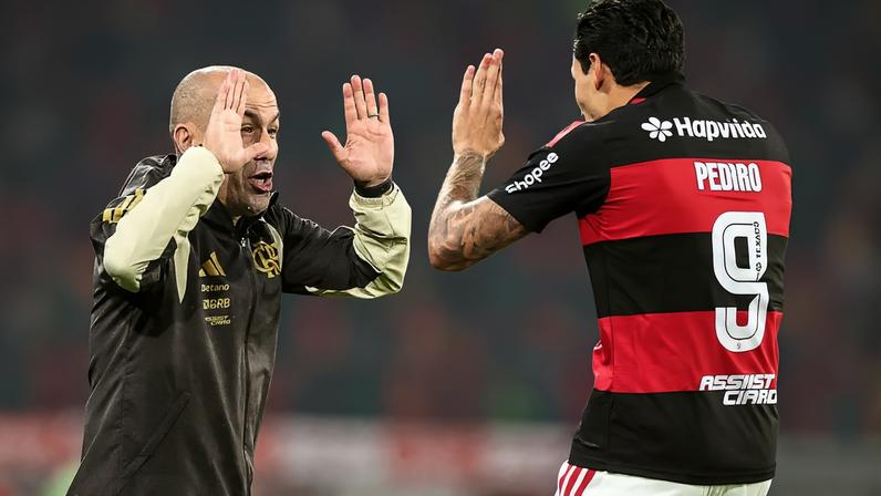 Pedro e Leonardo Jardim comemoram gol do Flamengo contra o Cruzeiro (Foto: Gilvan de Souza/Flamengo)