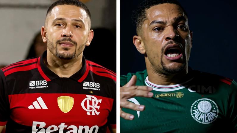 Pedro (Flamengo), Vitor Roque (Palmeiras) e Carlos Vinícius (Grêmio) estão entre os melhores centroavantes do futebol brasileiro (Crédito: Arte / Lance!)