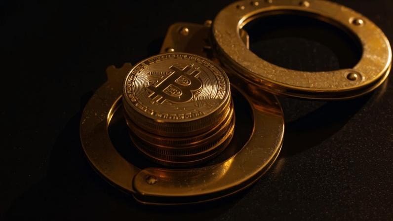 Pilha de bitcoin e algemas sobre fundo preto