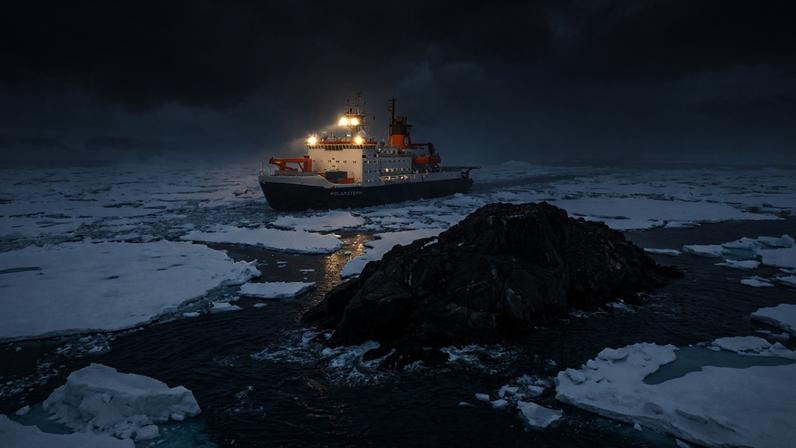 A equipe aproximou o Polarstern a 150 metros da costa, mantendo 50 metros de profundidade segura sob a quilha