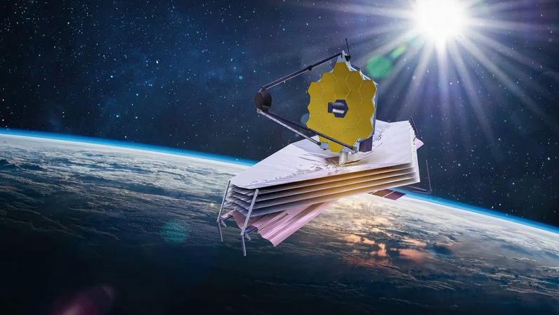 Telescópio James Webb em órbita terrestre, observatório espacial em arte sci-fi inspirada na NASA (Imagem: Getty Images via Canva)