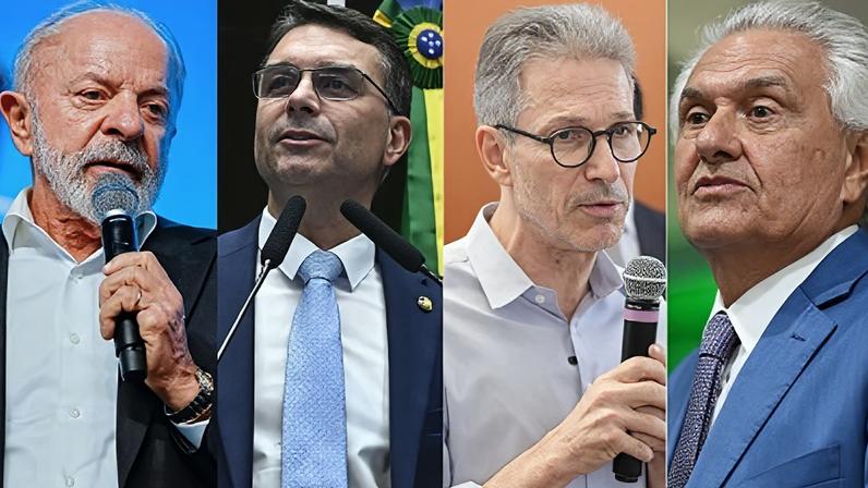 O presidente Luiz Inácio Lula da Silva (PT), o senador Flávio Bolsonaro (PL-RJ), o ex-governador Romeu Zema (Novo) e o ex-governador Ronaldo Caiado (PSD)