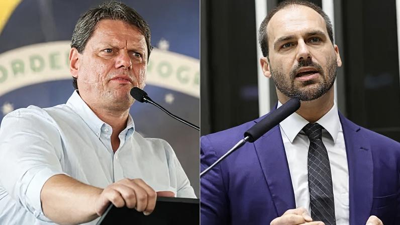 O governador de São Paulo, Tarcísio de Freitas (Republicanos), e o deputado federal Eduardo Bolsonaro (PL-SP)