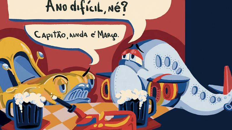 Ilustração cômica, em fundo azul escuro, de um automóvel e um avião tomando uma caneca de combustível, numa mesa de bar.