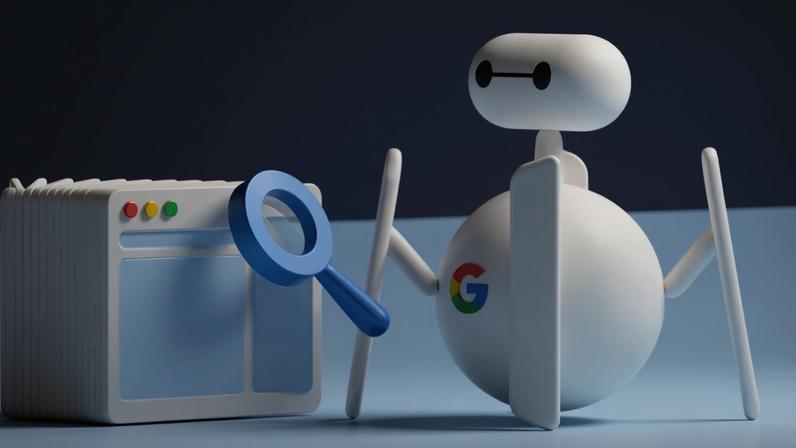 Ilustração 3D de um robozinho com uma lupa fazendo uma pesquisa com um computador.