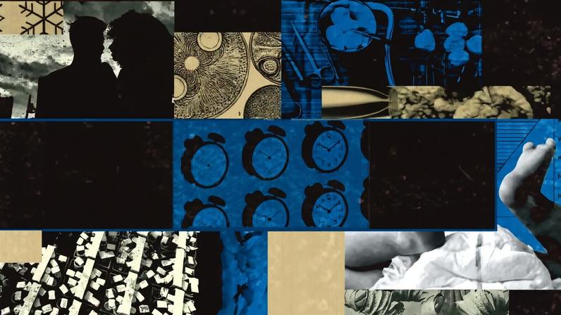 Colagem com fotos de um bebê, relógios, um casal de namorados e imagens de laboratório.
