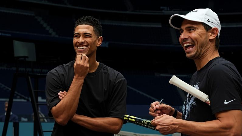 Bellingham e Courtouis se juntaram a Sinner e Nadal em partida de tênis no Santiago Bernabéu (Foto: Reprodução/ Instagram)