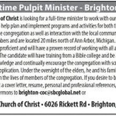 Ministro do Púlpito em Tempo Integral na Igreja de Cristo de Brighton