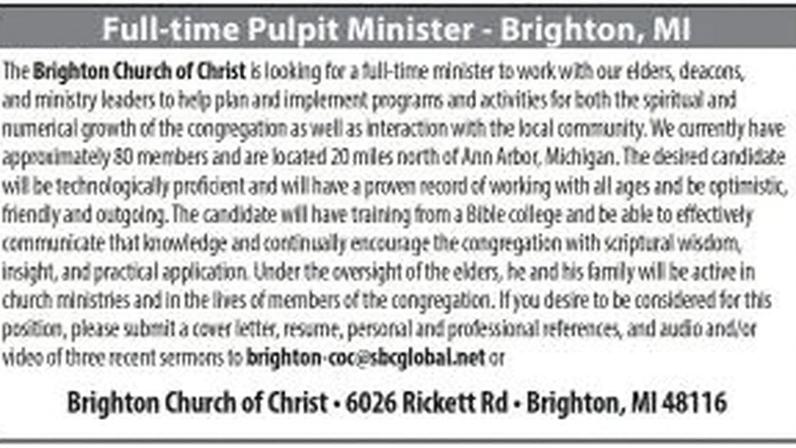 Ministro do Púlpito em Tempo Integral na Igreja de Cristo de Brighton