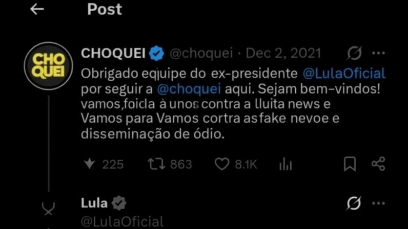 Perfil de Lula no X interage com Choquei, alvo de operação da PF. (Foto: Reprodução / X @lulaoficial)