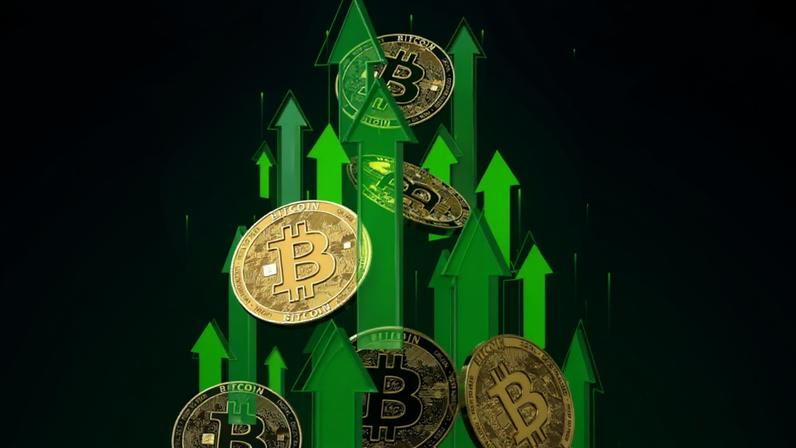 graficos verdes envolto a moedas de bitcoin subindo