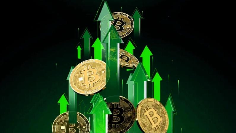 graficos verdes envolto a moedas de bitcoin subindo