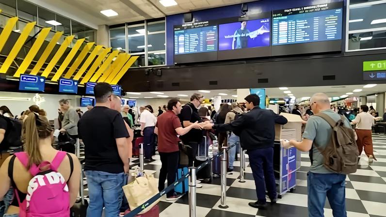 Funcionário da Latam entrega kit com lanche e água para passageiros na fila de check in de voo atrasado no Aeroporto de Congonhas, na zona sul da cidade de São Paulo, no início da tarde desta terça, 30 de setembro de 2025. Congonhas teve voos afetados por conta do fechamento do Aeroporto Santos Dumont, no Rio de Janeiro, para pousos e decolagens após um derramamento de óleo na pista. 30/09/2025 - Foto: LEANDRO CHEMALLE/THENEWS2/ESTADÃO CONTEÚDO