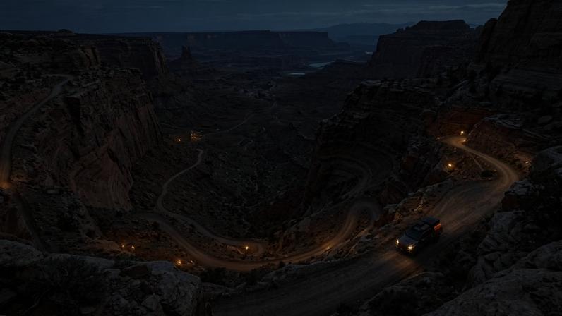 Rota vertiginosa de terra desce penhascos íngremes no Canyonlands National Park