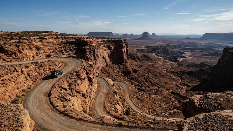 Rodovia de cascalho escala penhascos de rocha vermelha com curvas extremamente sinuosas