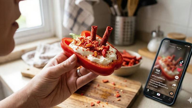 Pimentão recheado com cream cheese e salgadinhos apimentados