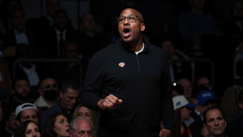 Mike Brown reacts during the second half of the Knicks' 113-102 victory in Game 1 of their playoff series against the Hawks.