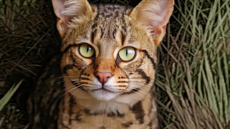 Gato selvagem olha fixamente para uma câmera noturna.