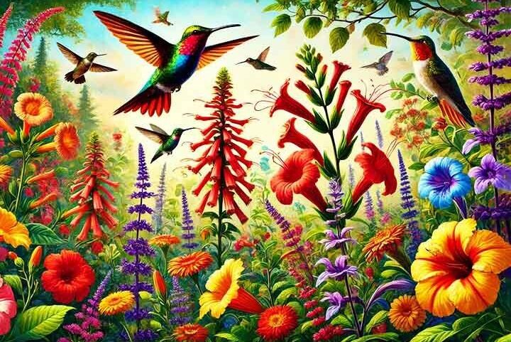 As flores preferidas dos beija-flores - Imagem gerada po Inteligência Artificial através do aplicativo Microsoft Design