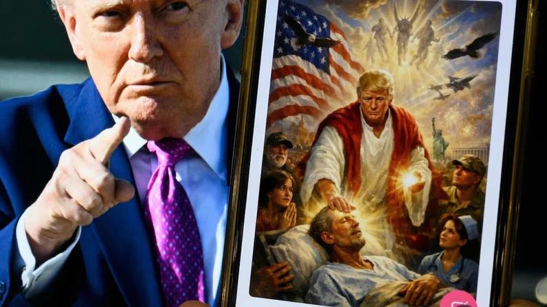Fotoilustração, criada em 13 de abril de 2026, mostra uma imagem do presidente dos EUA, Donald Trump, em uma tela e uma imagem gerada por inteligência artificial que ele publicou em sua plataforma Truth Social, na qual se retrata como Jesus Cristo após criticar o papa Leão XIV. Foto: Mandel NGAN / AFP