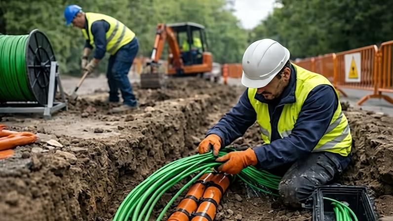 Operarios tienden cables de fibra óptica en Vitoria.