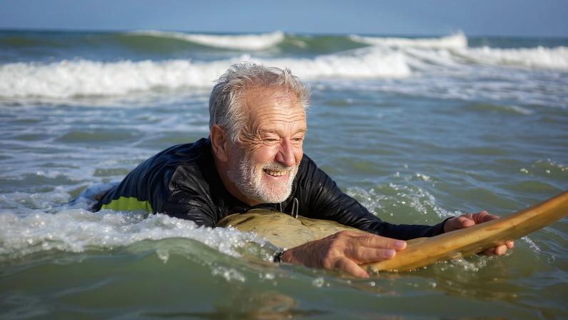 Um homem idoso com uma prancha de surfe no mar