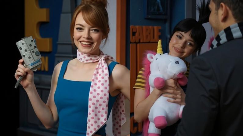 Emma Stone como Lucy, Vin Diesel como Gru e Jenna Ortega como Agnes em vídeo criado por IA com o 'elenco perfeito' de um live-action de 'Meu Malvado Favorito'