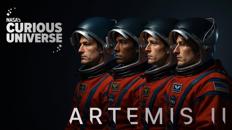A dark podcast logo features the four crew members of NASA's Artemis II mission looking to the left of the frame. Above them, the podcast title "NASA's Curious Universe" is in white. A white NASA insignia is in the upper right corner. At the bottom of the image, the text reads "Artemis II".