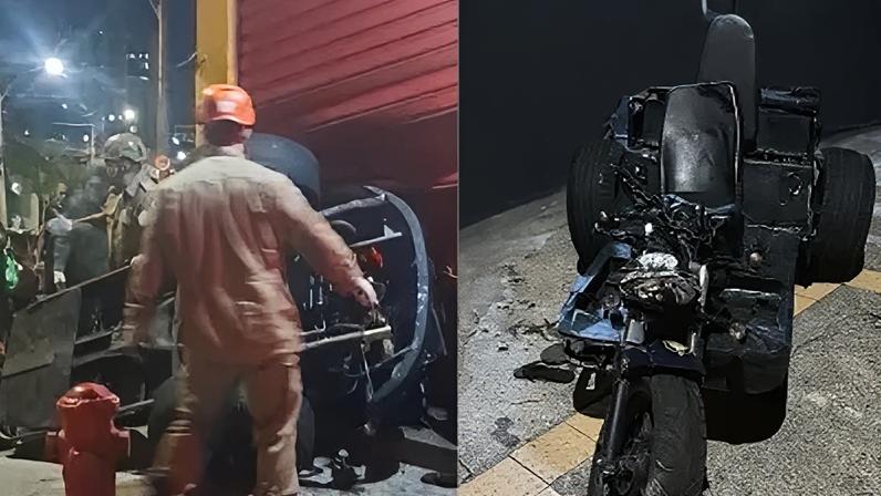 Bombeiros atuam no atendimento às vítimas após capotamento de triciclo em Cascadura, na Zona Norte do Rio.