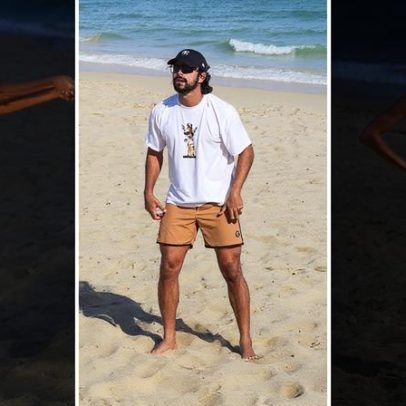 Agatha Moreira e Rodrigo Simas acordam cedo e jogam vôlei na praia do Rio