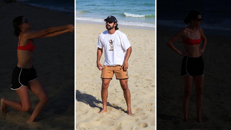 Agatha Moreira e Rodrigo Simas jogam vôlei em praia no Rio — Foto: AgNews