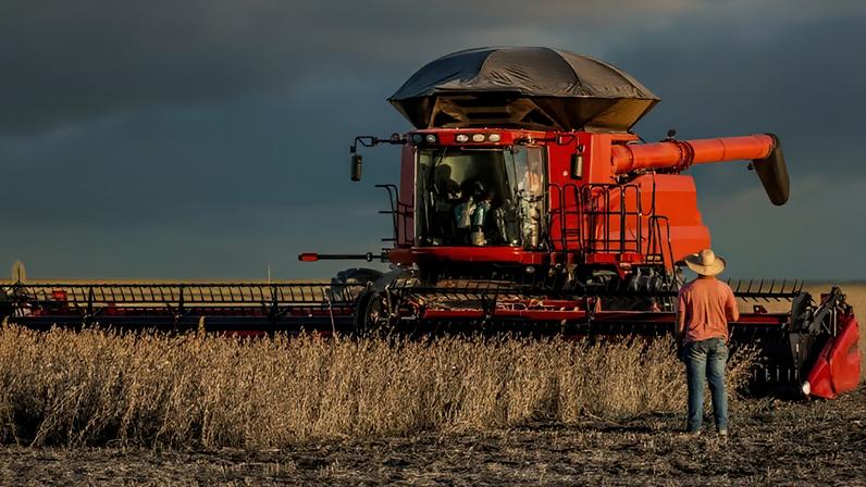 Produtor rural diante de uma colheitadeira no campo