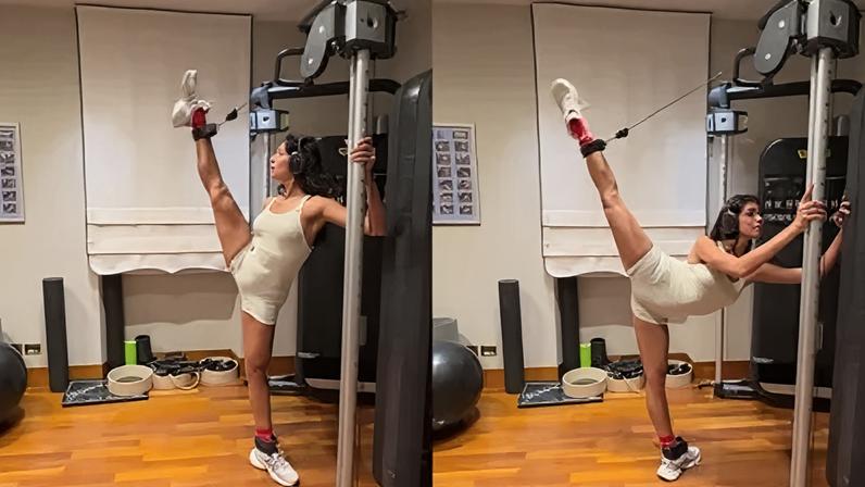 Alane Dias mostra flexibilidade do balé durante exercícios na academia