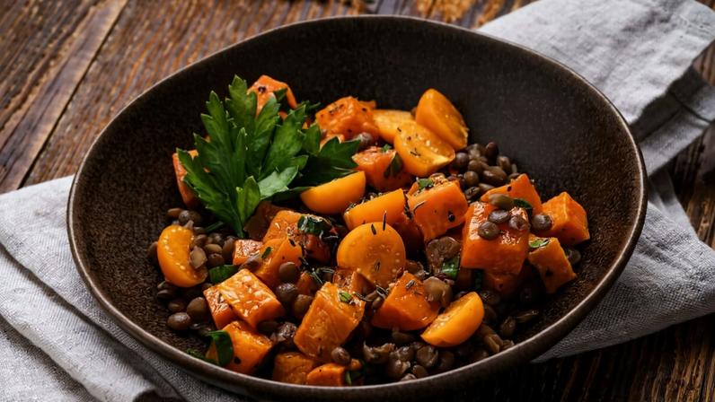 Lentilha com batata-doce laranja